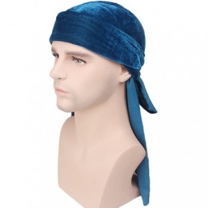 Skullies & Beanies Men's Soft Velvet Long Tail Wide Straps Durag Solid Color Cap Turban Headwrap - Teal - CT18GR7WLCY $12.15