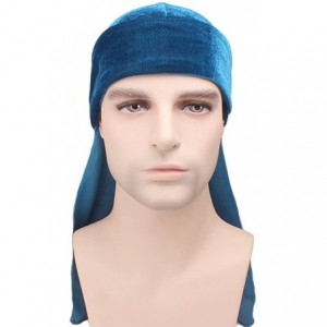 Skullies & Beanies Men's Soft Velvet Long Tail Wide Straps Durag Solid Color Cap Turban Headwrap - Teal - CT18GR7WLCY $12.15