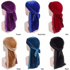 Skullies & Beanies Men's Soft Velvet Long Tail Wide Straps Durag Solid Color Cap Turban Headwrap - Teal - CT18GR7WLCY $12.15