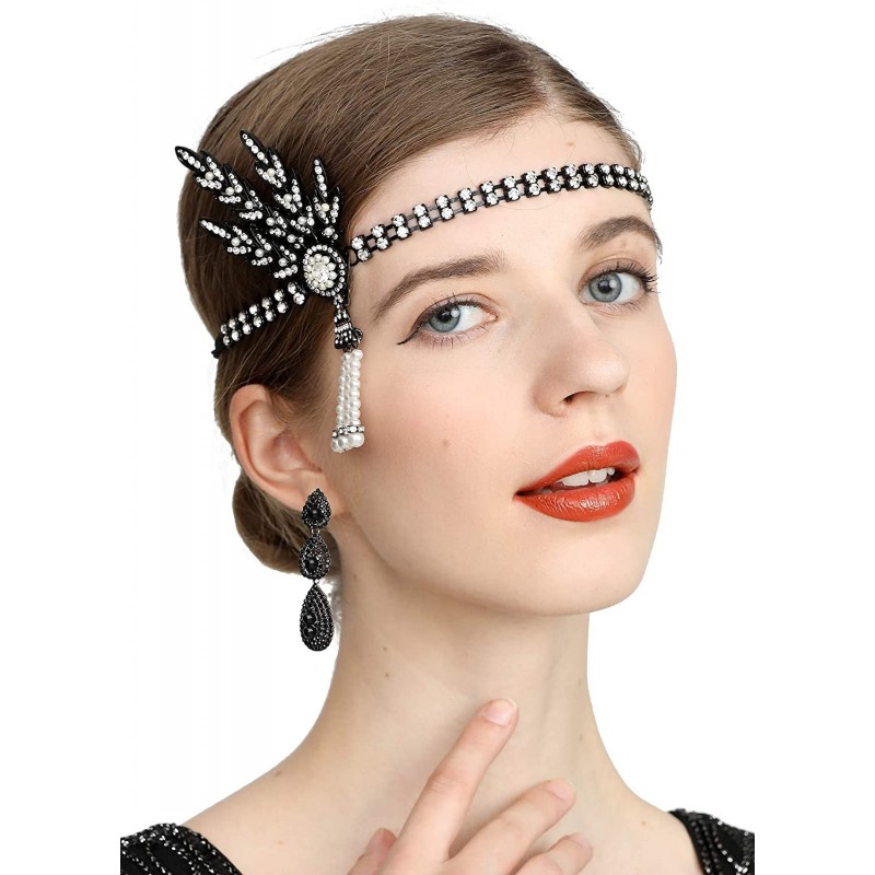 Headbands Art Deco 1920s Flapper Great Gatsby Leaf Wedding Bridal Tiara Pearl Headpiece Headband - T-black - CV12N79YV9B $16.40