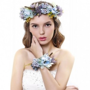 Headbands Women Flower Wreath Crown Floral Wedding Garland Headband Wrist Band Set - Blue - C912GKP1WZ7 $28.46