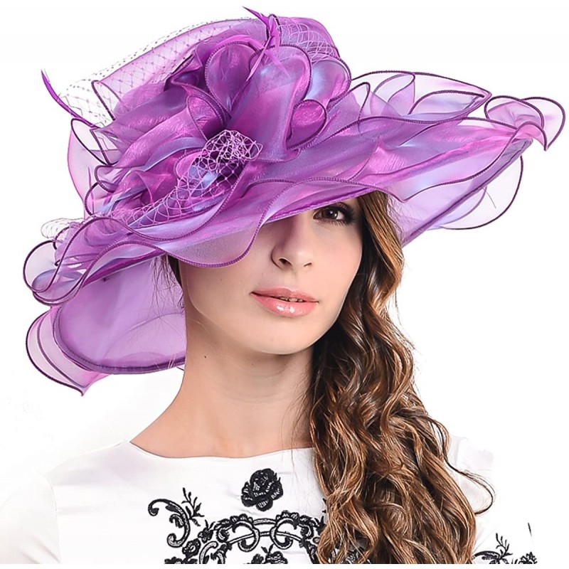 Sun Hats Fascinators Kentucky Derby Church Dress Large Floral Party Hat - Veil Purple - CJ11Y8HC2CR $29.57