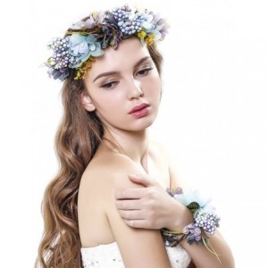 Headbands Women Flower Wreath Crown Floral Wedding Garland Headband Wrist Band Set - Blue - C912GKP1WZ7 $12.65