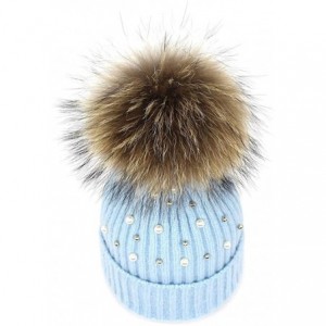 Skullies & Beanies Girls Winter Knitted Beanie Hat Real Fur Pom Pearls Womens Warm Cap - Light Blue - CP18KN3KU82 $15.18
