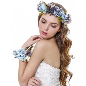 Headbands Women Flower Wreath Crown Floral Wedding Garland Headband Wrist Band Set - Blue - C912GKP1WZ7 $12.65