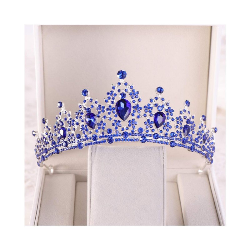 Headbands Handmade Rhinestone Bridal Crown Silver Crystal Diadem for Bride Headbands-Blue - Blue - CL18WU8I7LQ $19.48