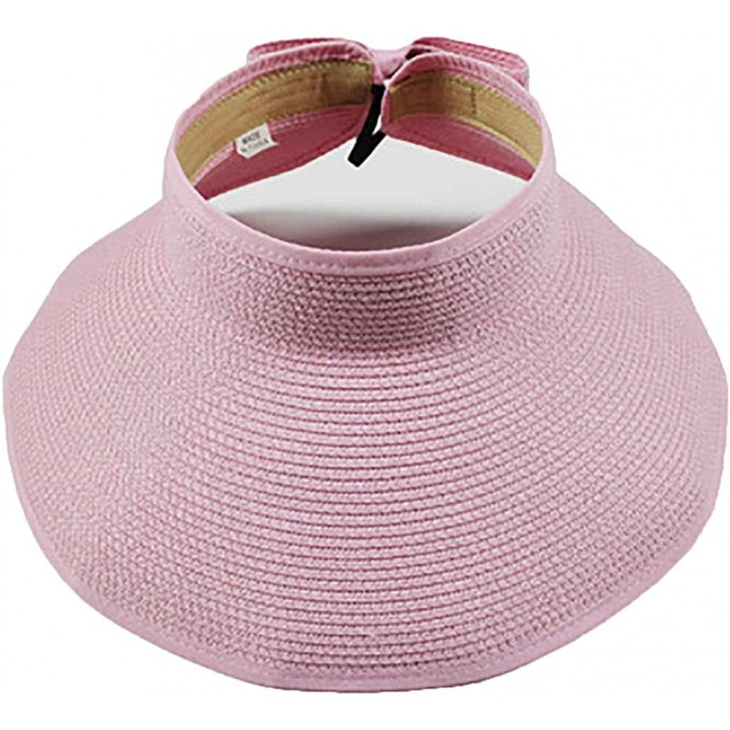 Sun Hats Women's Summer Foldable Straw Sun Visor w/Cute Bowtie Comfortable Beach Cap - Pink - C618RU9N7XQ $16.28