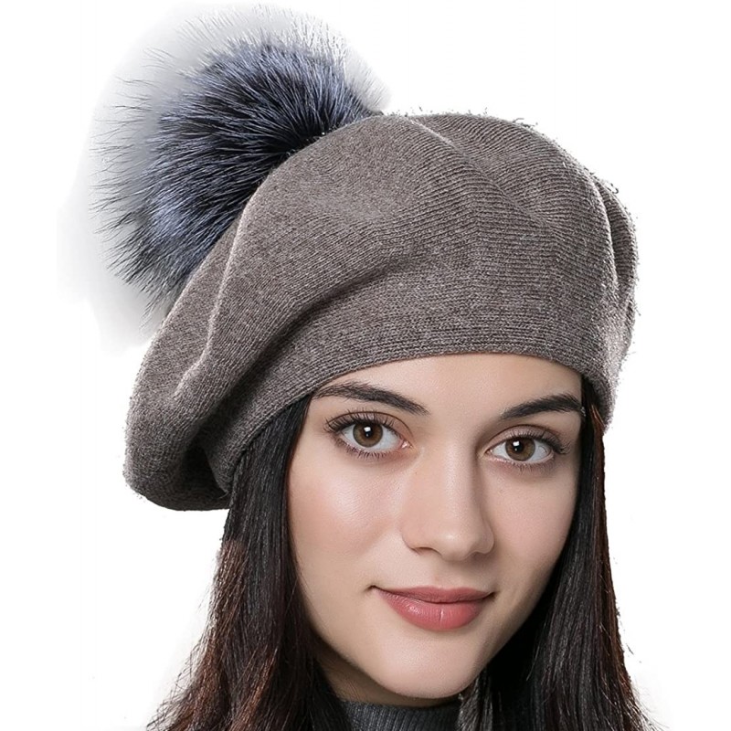 Berets Unisex Winter Hat Womens Knit Wool Beret Cap with Fur Ball Pom Pom - Brown - C312MAV258N $31.30