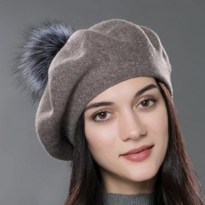 Berets Unisex Winter Hat Womens Knit Wool Beret Cap with Fur Ball Pom Pom - Brown - C312MAV258N $31.30