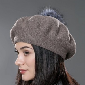 Berets Unisex Winter Hat Womens Knit Wool Beret Cap with Fur Ball Pom Pom - Brown - C312MAV258N $31.30