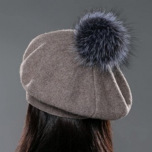 Berets Unisex Winter Hat Womens Knit Wool Beret Cap with Fur Ball Pom Pom - Brown - C312MAV258N $31.30