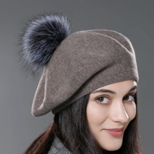 Berets Unisex Winter Hat Womens Knit Wool Beret Cap with Fur Ball Pom Pom - Brown - C312MAV258N $31.30