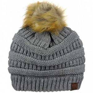 Skullies & Beanies Soft Warm Cable Knit Faux Fur Pom Pom Winter Skull Cap - Light Melange Grey - CG18Y05OGD9 $11.95