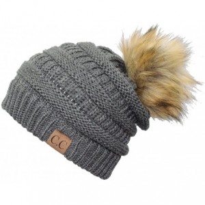 Skullies & Beanies Soft Warm Cable Knit Faux Fur Pom Pom Winter Skull Cap - Light Melange Grey - CG18Y05OGD9 $11.95