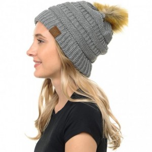 Skullies & Beanies Soft Warm Cable Knit Faux Fur Pom Pom Winter Skull Cap - Light Melange Grey - CG18Y05OGD9 $11.95