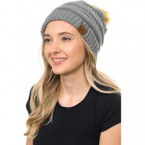 Skullies & Beanies Soft Warm Cable Knit Faux Fur Pom Pom Winter Skull Cap - Light Melange Grey - CG18Y05OGD9 $11.95