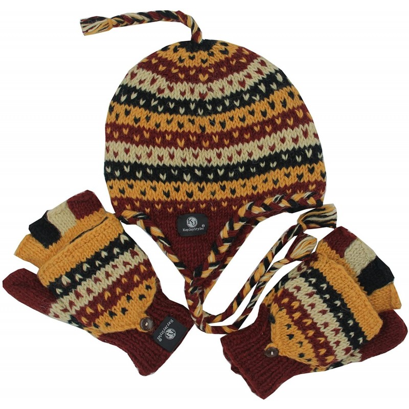 Skullies & Beanies Nepal Hand Knit Ear Flaps Beanie Ski Wool Hat & Glove Mitten Set - Earth 5 - C412O2WQAKQ $14.87