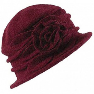 Fedoras Women's Floral Trimmed Wool Blend Cloche Winter Hat - Model a - Wine Red - CQ188T0YI8N $38.72