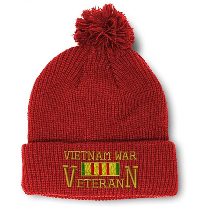 Skullies & Beanies Winter Pom Pom Beanie Men & Women Vietnam Veteran War A Embroidery Skull Cap Hat - Red - CQ18A0ED7TQ $15.25