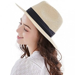 Sun Hats Panama Straw Hats-Womens Sun Hat Summer Wide Brim Floppy Fedora Beach Cap UPF50+ - A02-straw Yellow - CX1802G596D $1...