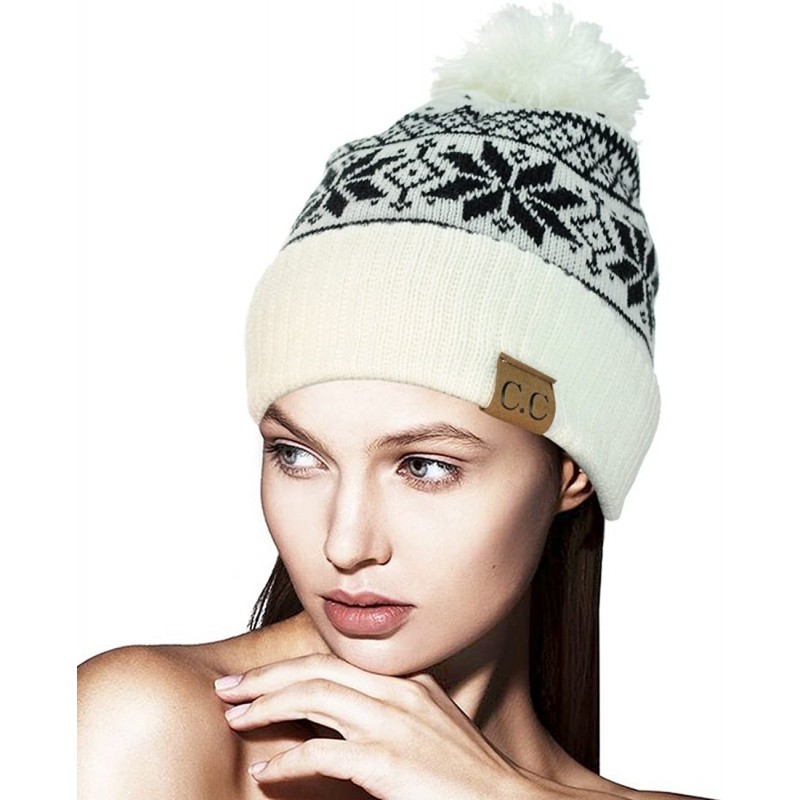 Skullies & Beanies Exclusive Snowflake Pattern Pom Pom Winter Cuff Beanie Hat - White - C512709FZ7D $11.82