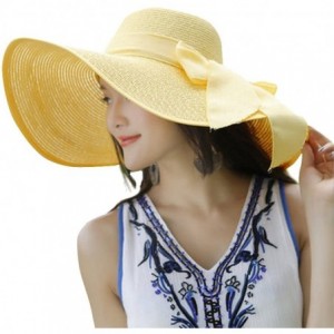 Sun Hats Women Big Bowknot Straw Hat Floppy Foldable Roll Up Beach Cap Sun Hat - Yellow - CJ18DCUQOE7 $12.55