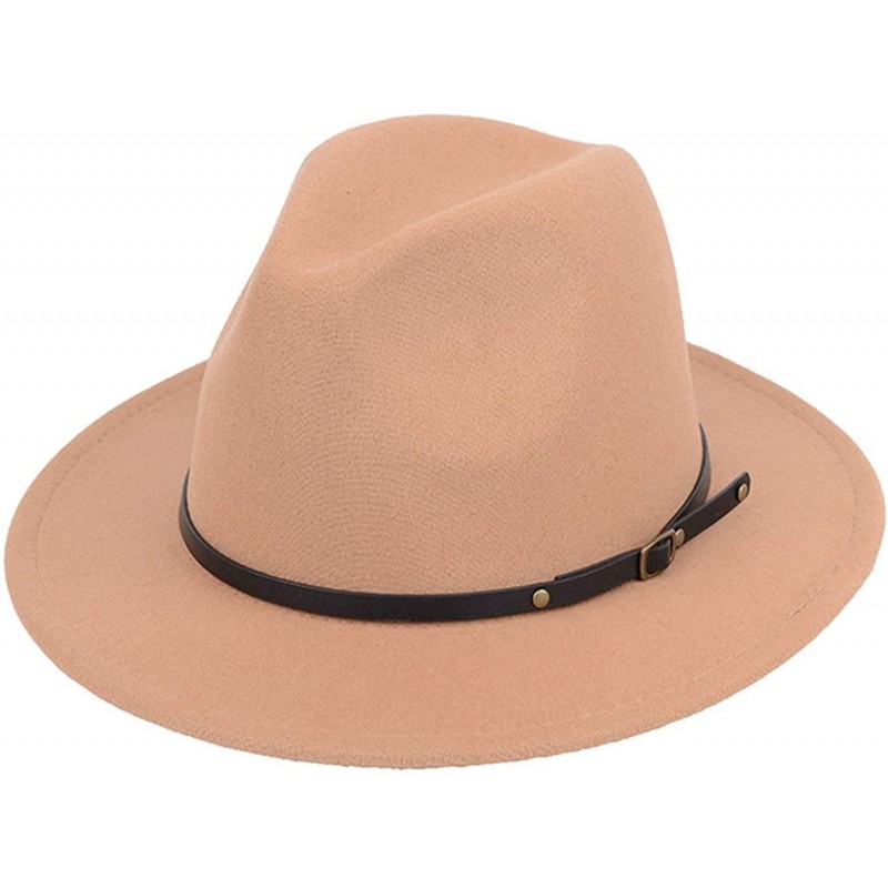 Fedoras Women Lady Vintage Retro Wide Brim Wool Fedora Hat Panama Cap with Belt Buckle - Camel - C118A6A59GW $10.66