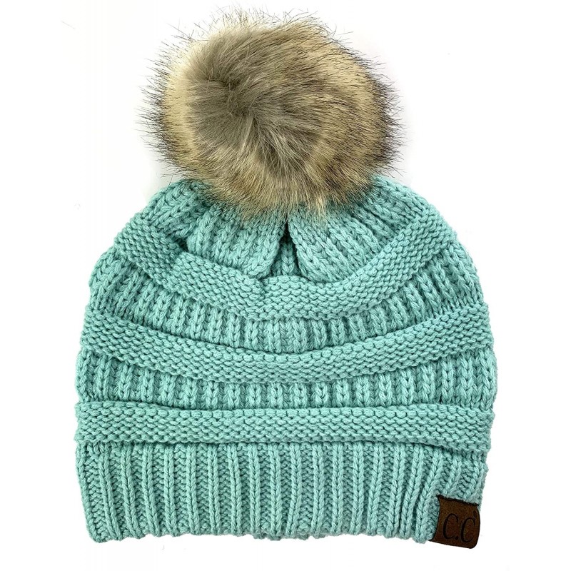 Skullies & Beanies Soft Stretch Cable Knit Ribbed Faux Fur Pom Pom Beanie Hat - Mint - C612JSM8RVL $17.22