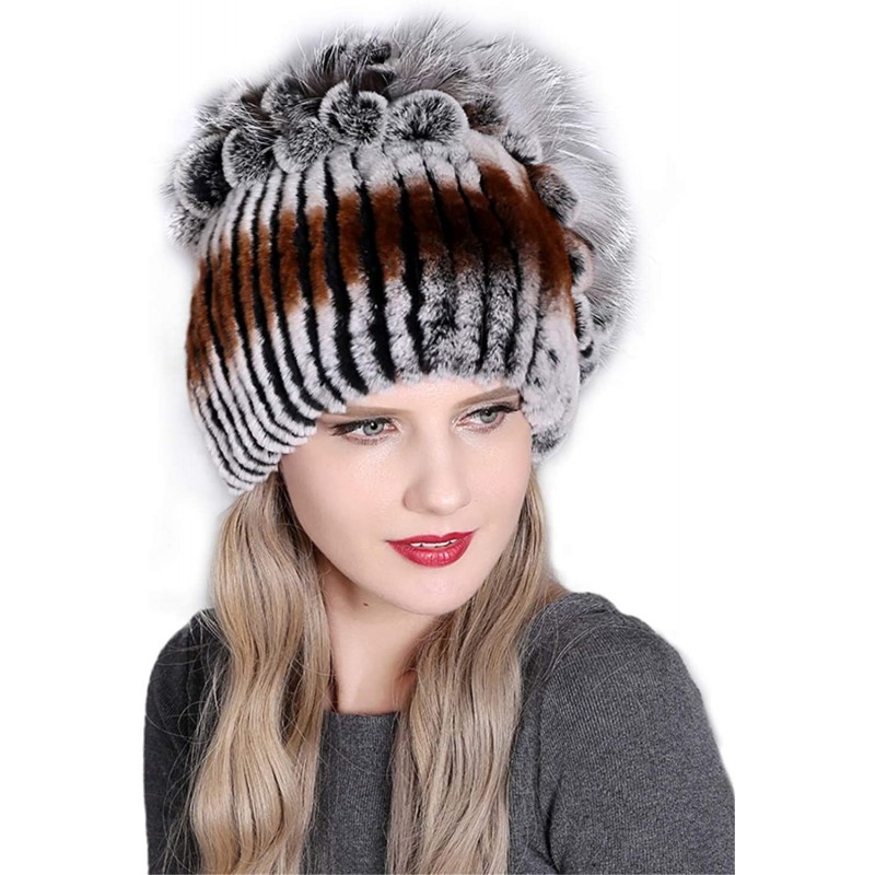 Skullies & Beanies Women Real Fur Warm Skullies Beanie- Rex Rabbit Fur Hat Winter Knit Hats with Fox Fur - Color 4 - C818AGHM...