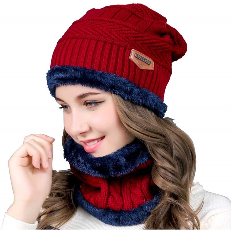 Headbands Women Winter Warm Hat Knit Reversible Plush Lined Hat Ski Cap Set Fleece Neck Warmer Circle Loop Scarf - Wine Red -...