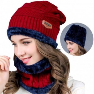 Headbands Women Winter Warm Hat Knit Reversible Plush Lined Hat Ski Cap Set Fleece Neck Warmer Circle Loop Scarf - Wine Red -...