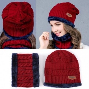 Headbands Women Winter Warm Hat Knit Reversible Plush Lined Hat Ski Cap Set Fleece Neck Warmer Circle Loop Scarf - Wine Red -...