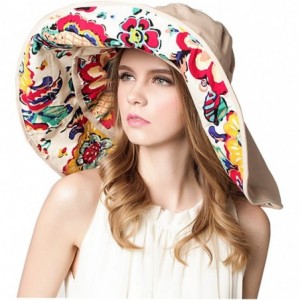 Sun Hats Women Large Brim Bucket Hats Anti-UV Foldable Beach Travel Flat Sun Hat Cap Topee - Beige/Printed Flower - CE12I62J4...