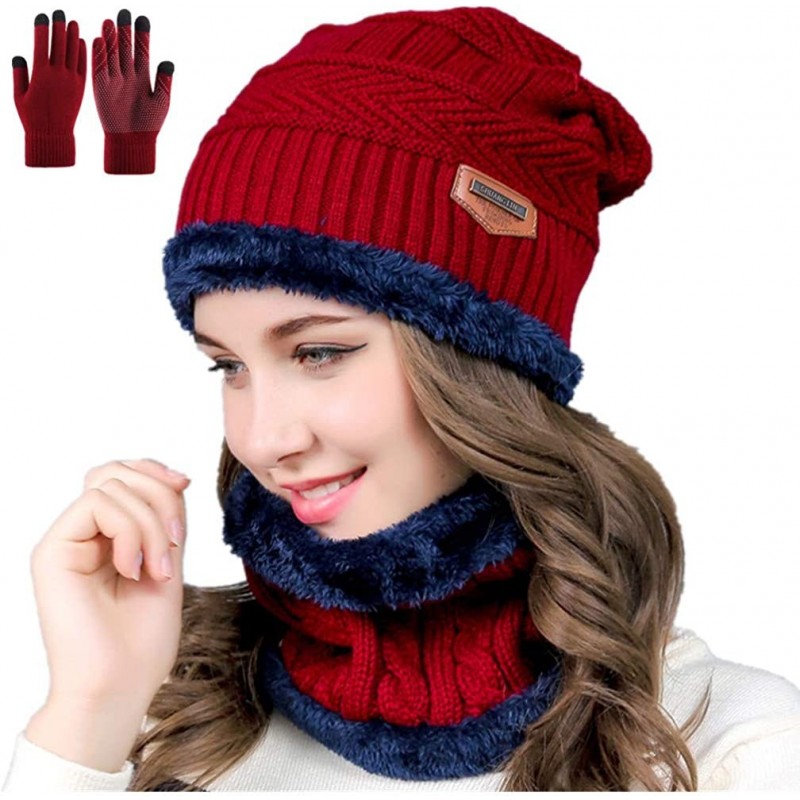 Skullies & Beanies 2-Pieces Winter Beanie Hat Scarf Set Warm Knit Hat Thick Fleece Lined Winter Hat & Scarf for Men Women - C...