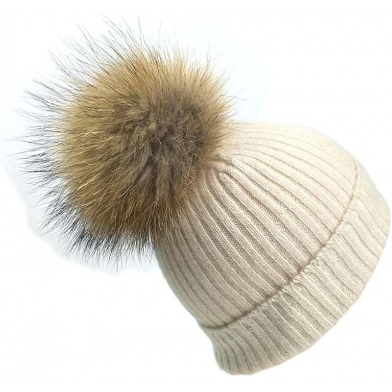 Skullies & Beanies Womens Knitted 100% Cashmere Beanie Hat with Detachable Fur Pom Pom - White - C5187WILKZL $51.59