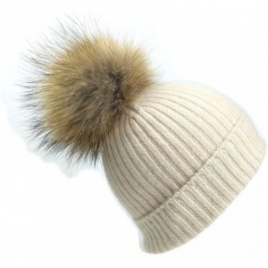 Skullies & Beanies Womens Knitted 100% Cashmere Beanie Hat with Detachable Fur Pom Pom - White - C5187WILKZL $51.59