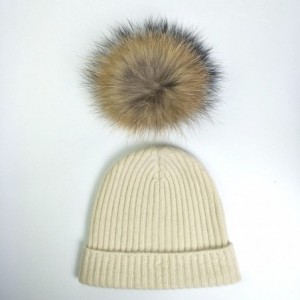 Skullies & Beanies Womens Knitted 100% Cashmere Beanie Hat with Detachable Fur Pom Pom - White - C5187WILKZL $51.59