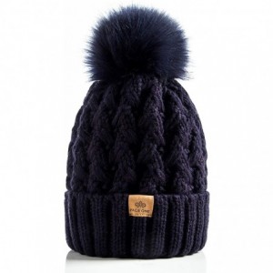 Skullies & Beanies Womens Winter Ribbed Beanie Crossed Cap Chunky Cable Knit Pompom Soft Warm Hat - Navy - CP18WM36LGR $13.57