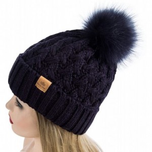 Skullies & Beanies Womens Winter Ribbed Beanie Crossed Cap Chunky Cable Knit Pompom Soft Warm Hat - Navy - CP18WM36LGR $13.57