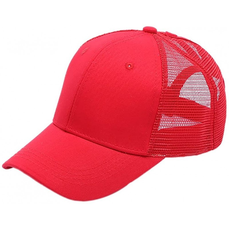 Baseball Caps Ponycap Messy High Bun Ponytail Adjustable Mesh Trucker Baseball Cap Hat for Women - Red - C418M088O5R $8.35