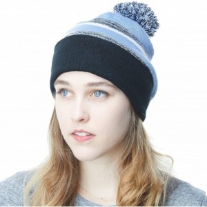 Skullies & Beanies Winter Soft Unisex Cuff Pom Pom Stripe Knit Beanie Skull Slouch Hat - Black/Skyblue - CL18IYOMILC $9.28