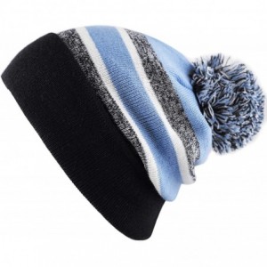 Skullies & Beanies Winter Soft Unisex Cuff Pom Pom Stripe Knit Beanie Skull Slouch Hat - Black/Skyblue - CL18IYOMILC $9.28