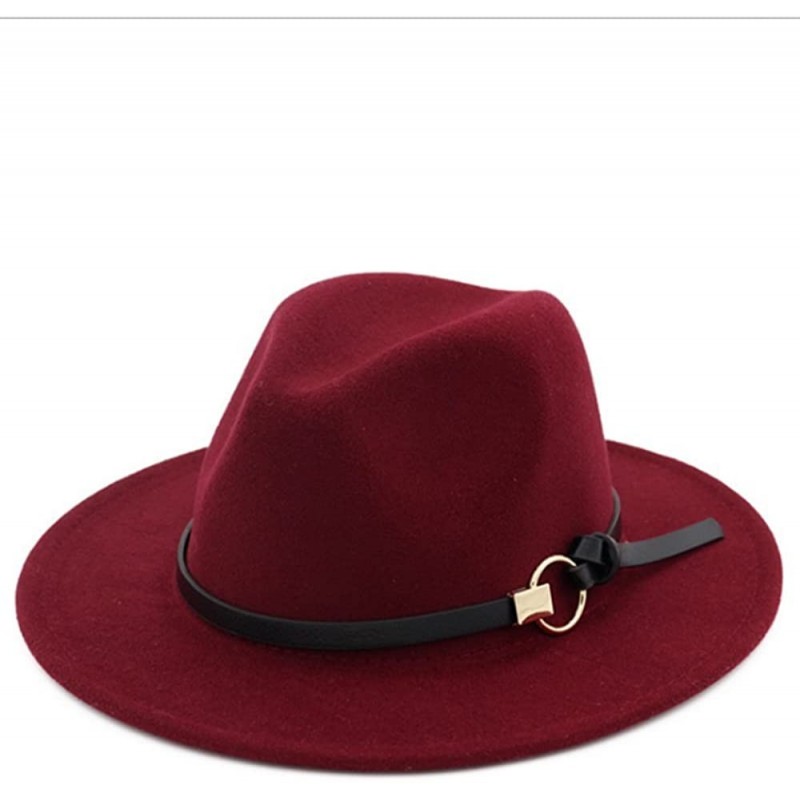 Fedoras Women Wide Brim Vintage Jazz Hat Fedora with Belt - Wine Red - CY18DXN9666 $24.97