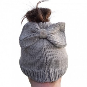Skullies & Beanies Messy Bun Beanie Slouchy Style Hole for Ponytail Hat Rhinestone Studded Bow - Grey - CL1878NWOIL $27.70