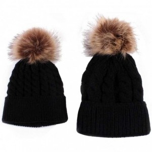 Skullies & Beanies Mom/Baby Winter Hand Knit Faux Fur Pompoms Beanie Hat - Black - C812MXW6ARG $20.41