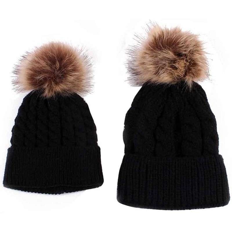 Skullies & Beanies Mom/Baby Winter Hand Knit Faux Fur Pompoms Beanie Hat - Black - C812MXW6ARG $10.62