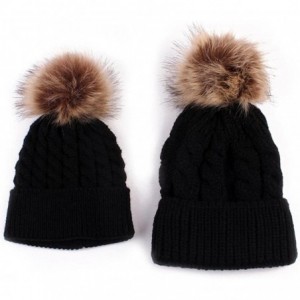 Skullies & Beanies Mom/Baby Winter Hand Knit Faux Fur Pompoms Beanie Hat - Black - C812MXW6ARG $10.62