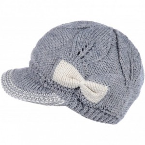 Newsboy Caps Womens Winter Chic Cable Warm Fleece Lined Crochet Knit Hat W/Visor Newsboy Cabbie Cap - Gray W/ Ivory Bow - CV1...