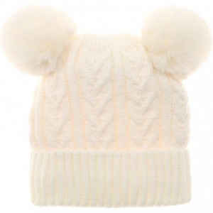 Skullies & Beanies Women's Winter Cable Knitted Faux Fur Double Pom Pom Beanie Hat with Plush Lining. - White W/Out Logo - CR...