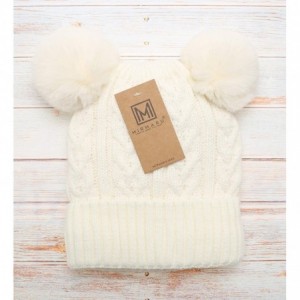 Skullies & Beanies Women's Winter Cable Knitted Faux Fur Double Pom Pom Beanie Hat with Plush Lining. - White W/Out Logo - CR...